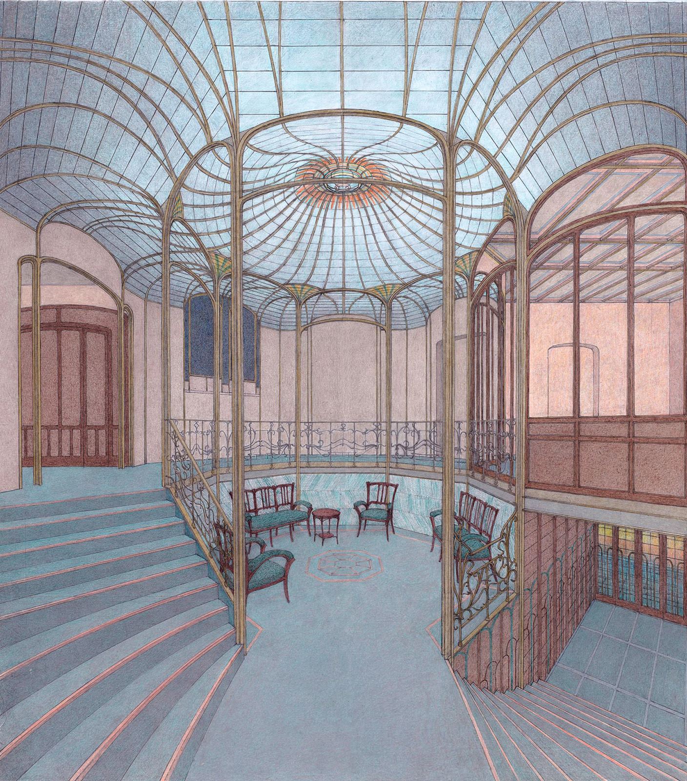 Dessin de Daniel H. Tajan, l'Hôtel Van Eetevelde par Victor Horta