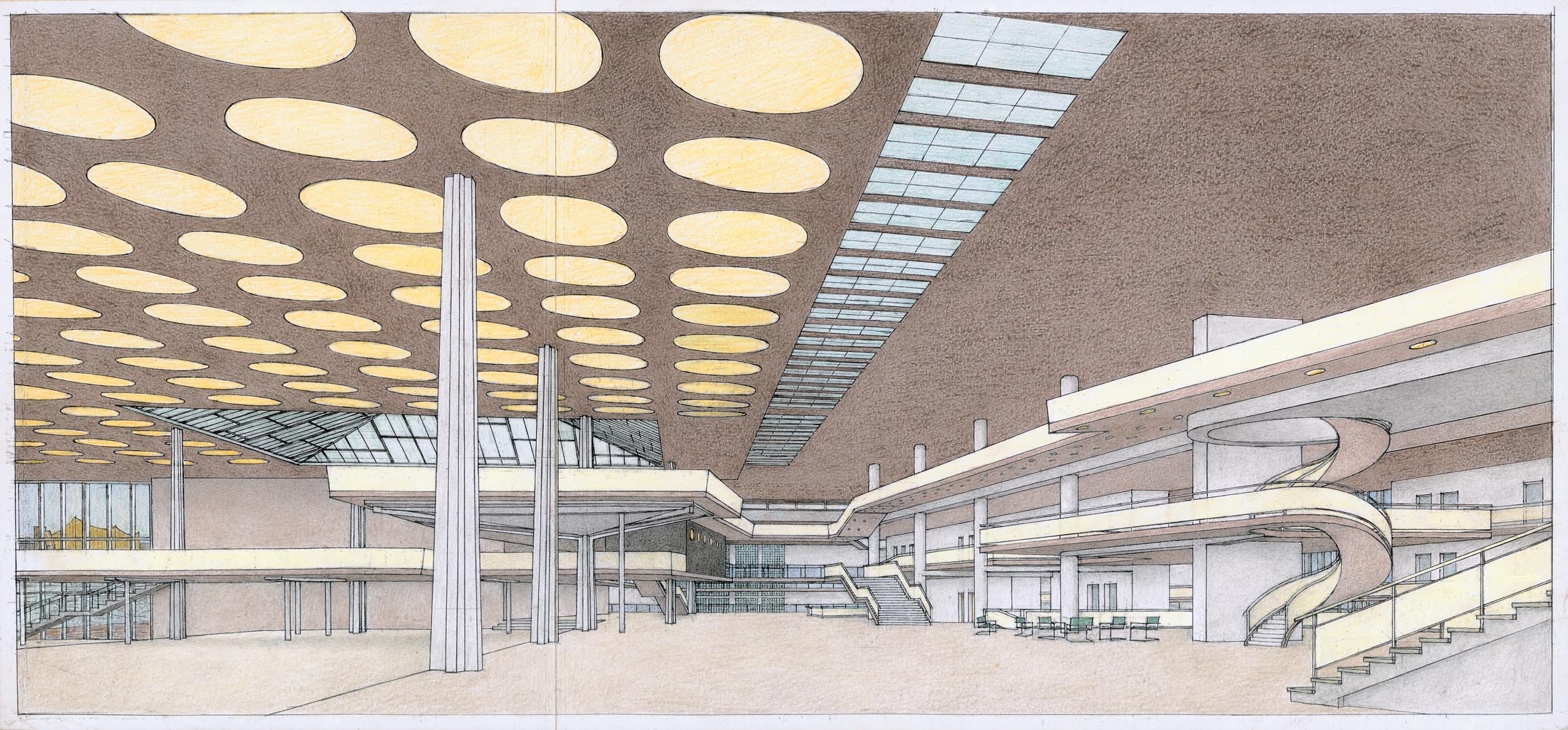 Dessin de Daniel H. Tajan : Hans Scharoun, Bibliothèque nationale, Berlin, 1965-1978