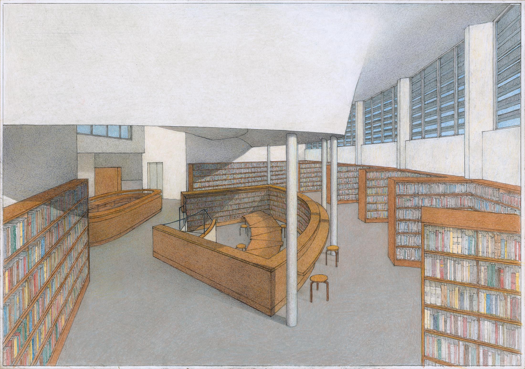 Dessin de Daniel H. Tajan : Alvar Aalto. Bibliothèque municipale, Seinajoki, 1965