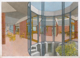 Dessin de Daniel H. Tajan : Paul Chemetov, Jean Deroche, Foyer pour personnes âgées, La Courneuve, 1966
