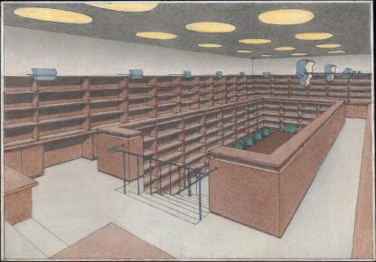 Dessin de Daniel H. Tajan : Alvar Aalto, Bibliothèque des pensions, Helsinki, 1955