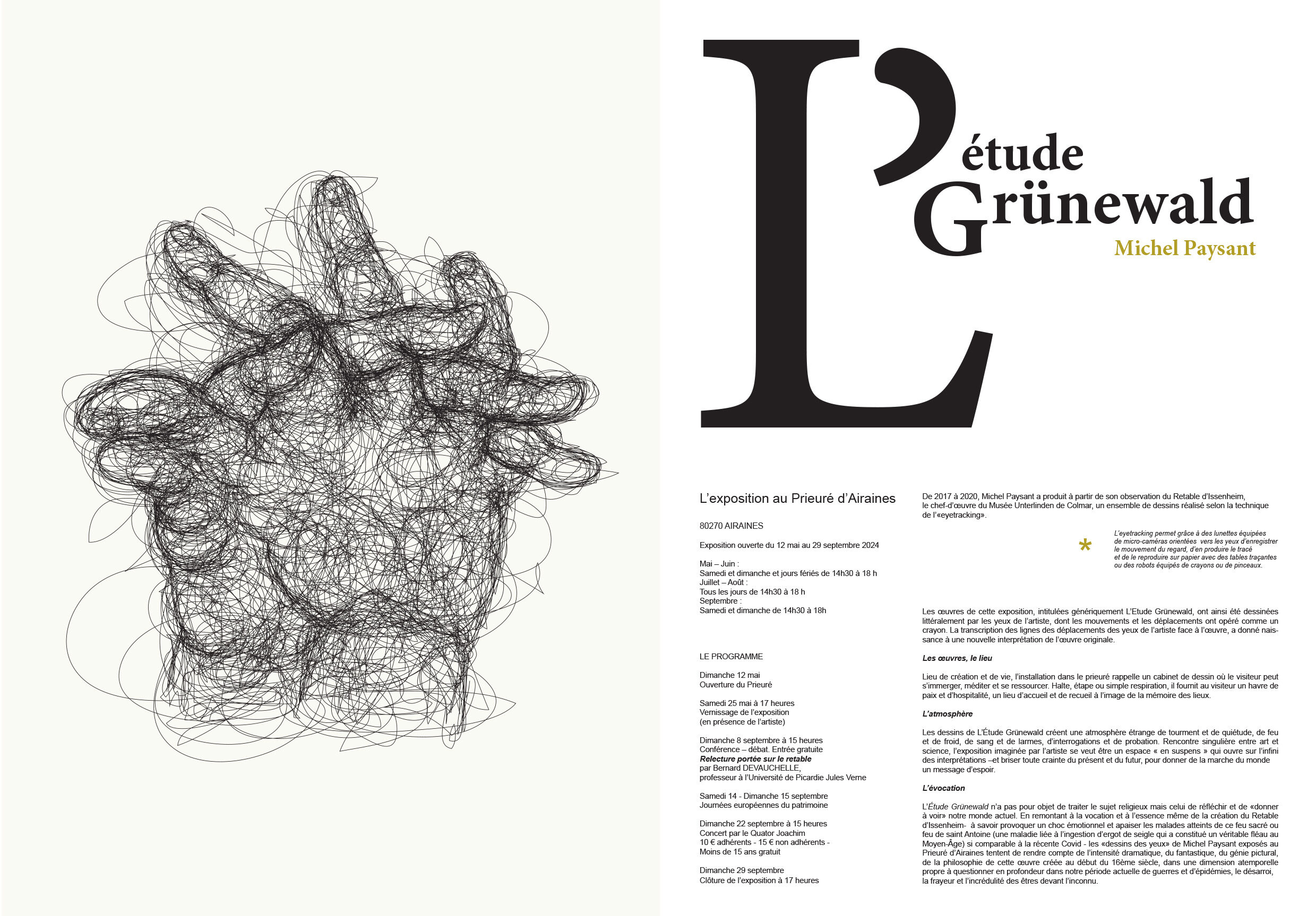 Flyer de l'exposition de Michel Paysant "L'Étude Grünewald" au prieuré d'Airaines avec texte de présentation, informations pratiques et reproduction d'un dessin réalisé avec un eyetracker de mains jointes