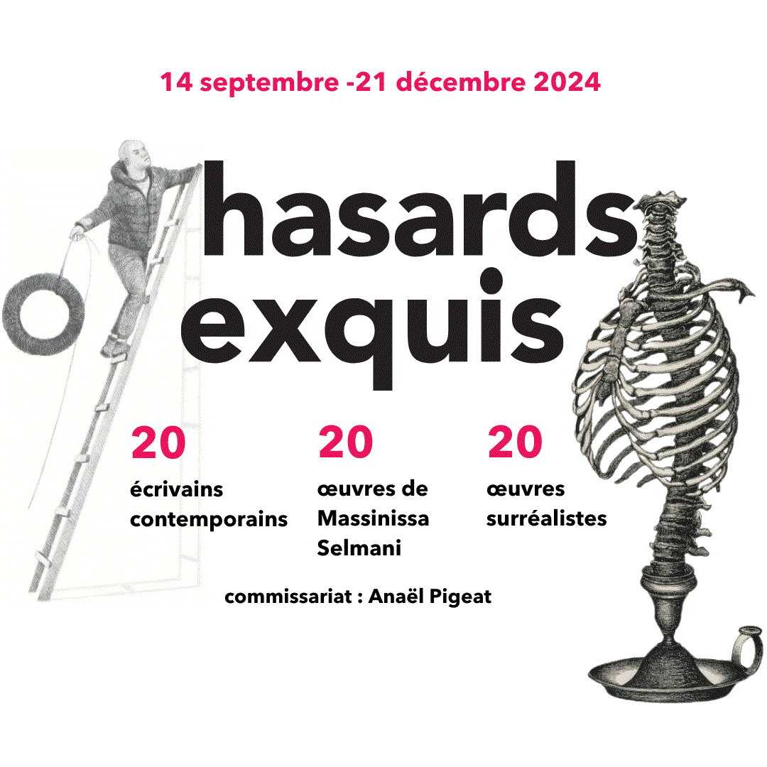 Affiche de l'exposition Hasards exquis à la Galerie Natalie Seroussi avec Massinissa Selmani. Un commissariat d'Anaël Pigeat