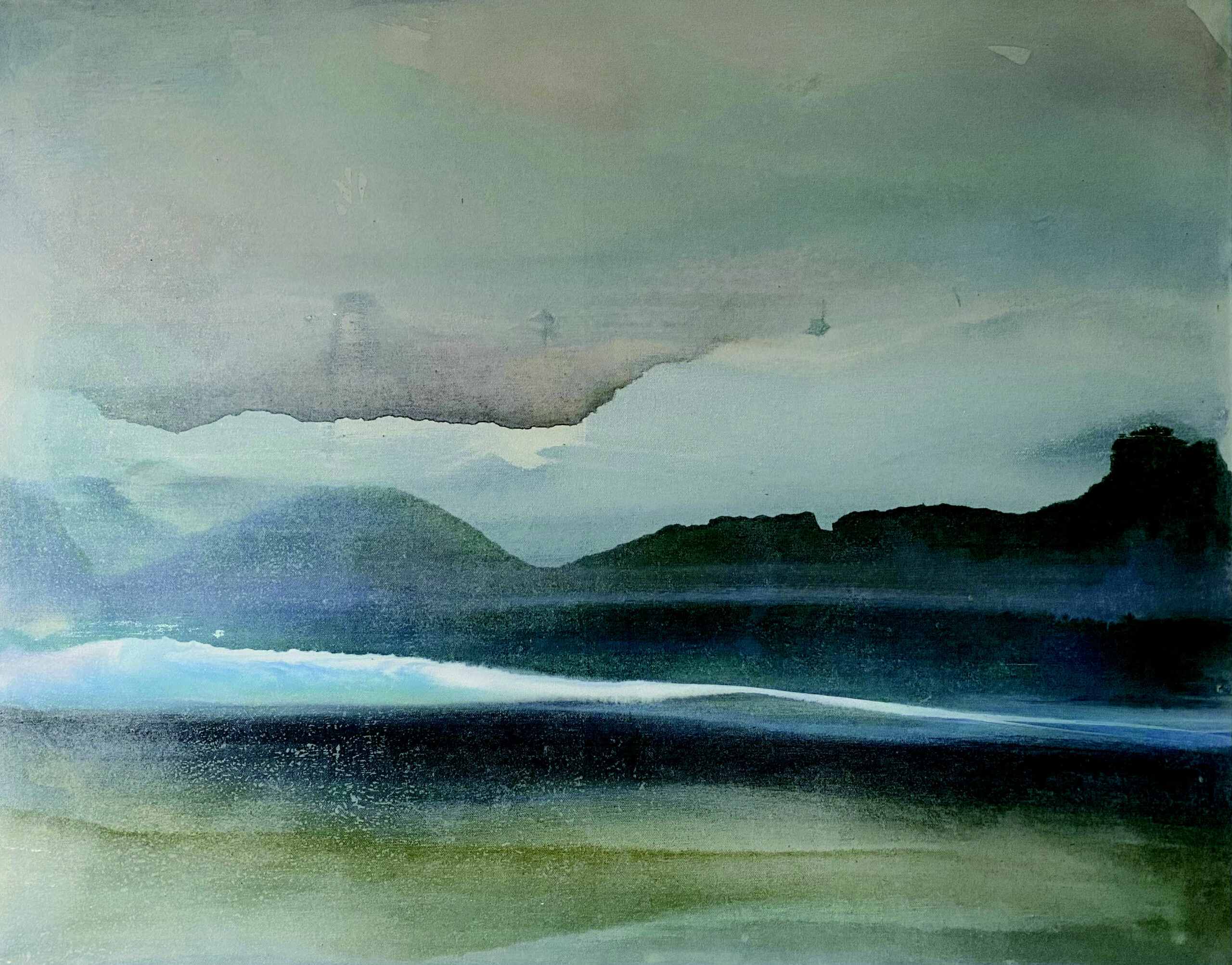 Reproduction de la peinture d'Alexandra Roussopoulos, Movimento 5, 2024, crayon de couleur et acrylique sur papier de riz marouflé sur toile, 80 x 100 cm