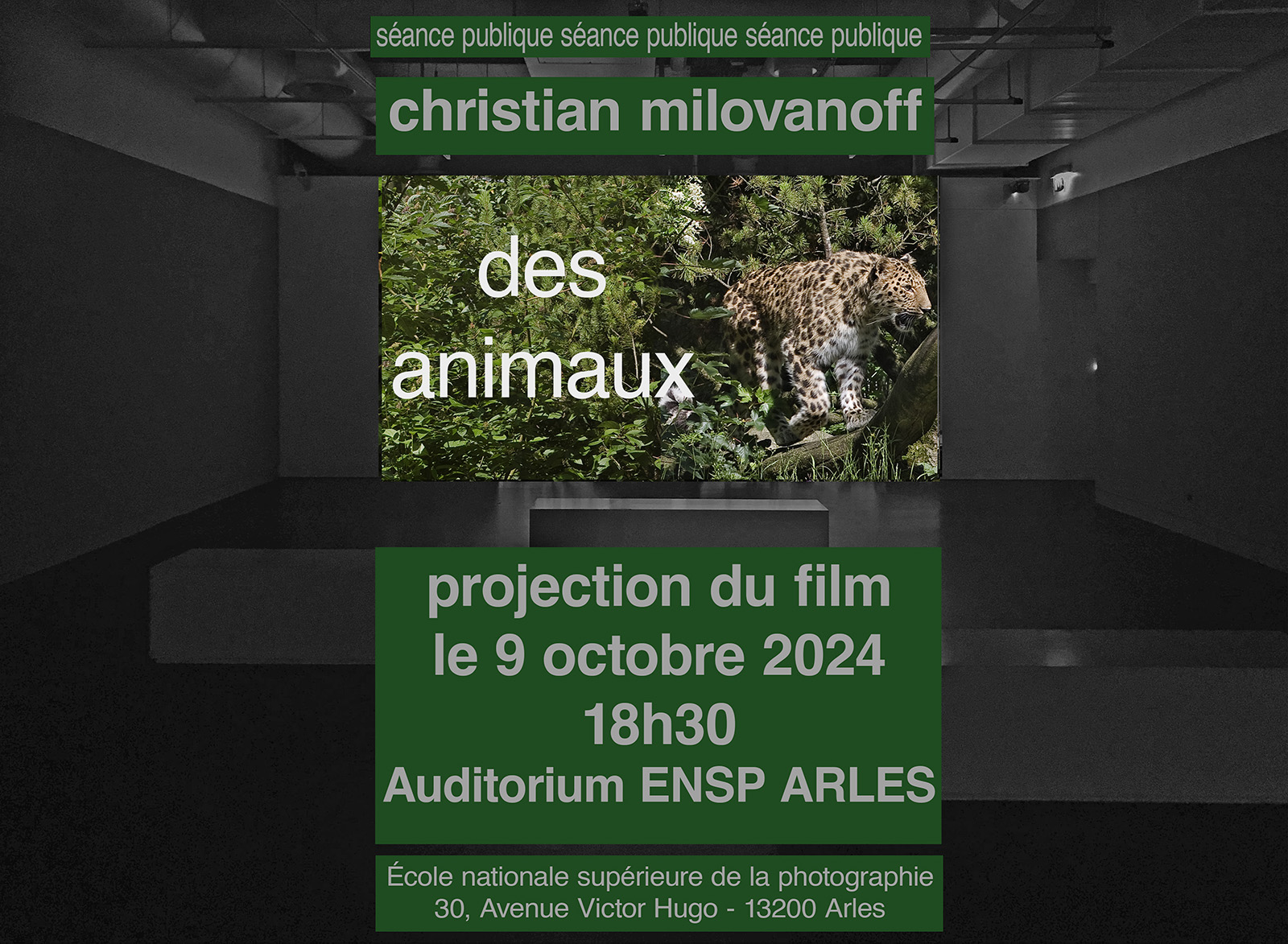 Affiche pour la projection du film de Milovanoff Des Animaux à l'Ensp Arles