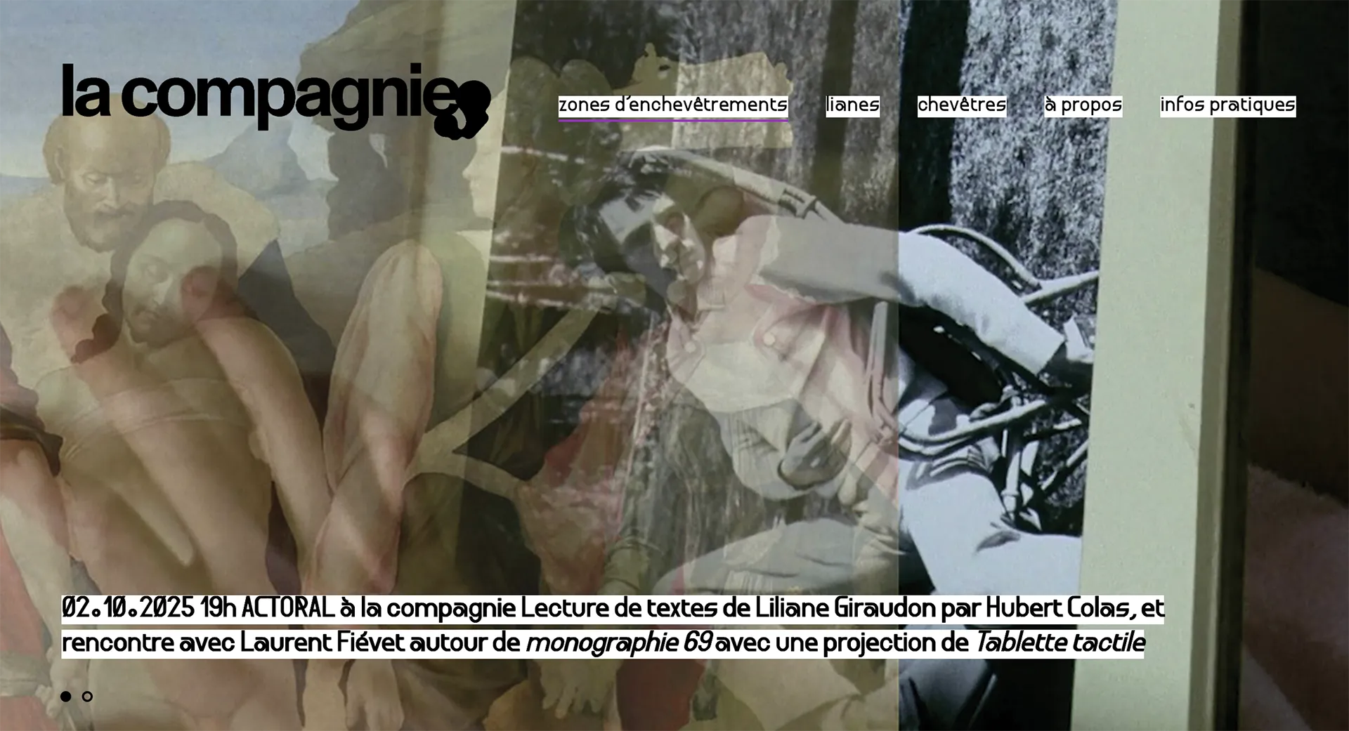 Capture d'écran du site de La Compagnie à Marseille présentant Laurent Fiévet le 2 octobre 2025 avec une image extraite de son œuvre Tablette tactile