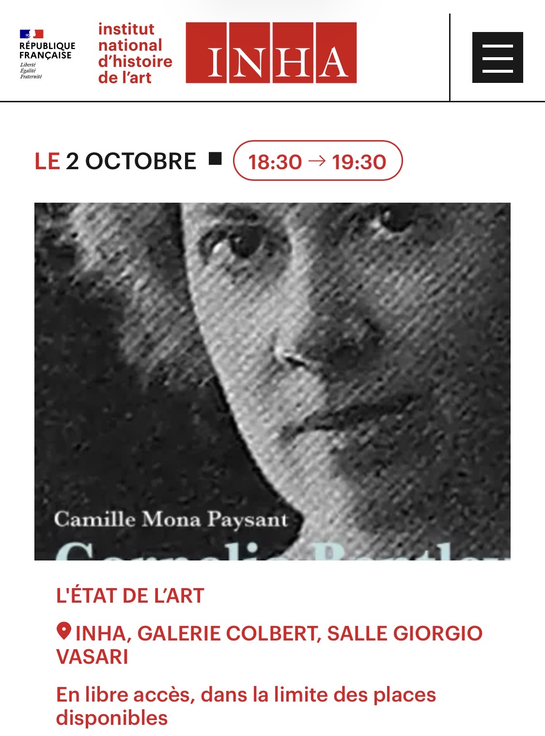 Camille Mona Paysant à l'INHA pour présenter son essai sur Cornelia Sage, capture d'écran de l'annonce de l'événement sur le site de l'INHA