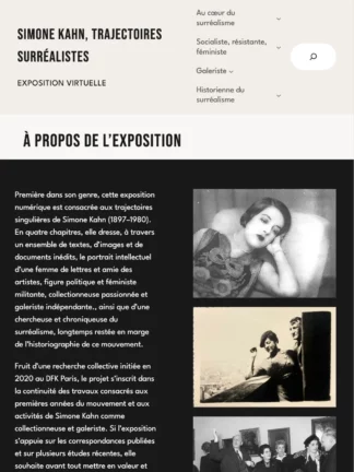 Vue de la page d'accueil depuis une tablette du site web Simone Kahn, trajectoires surréalistes