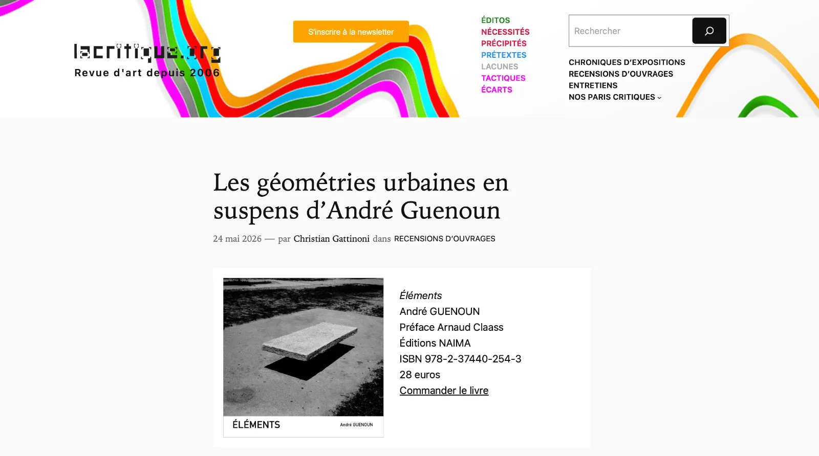 Couverture du livre *Éléments* d'André Guenoun, publiée sur le site lacritique.org, avec une photographie en noir et blanc.