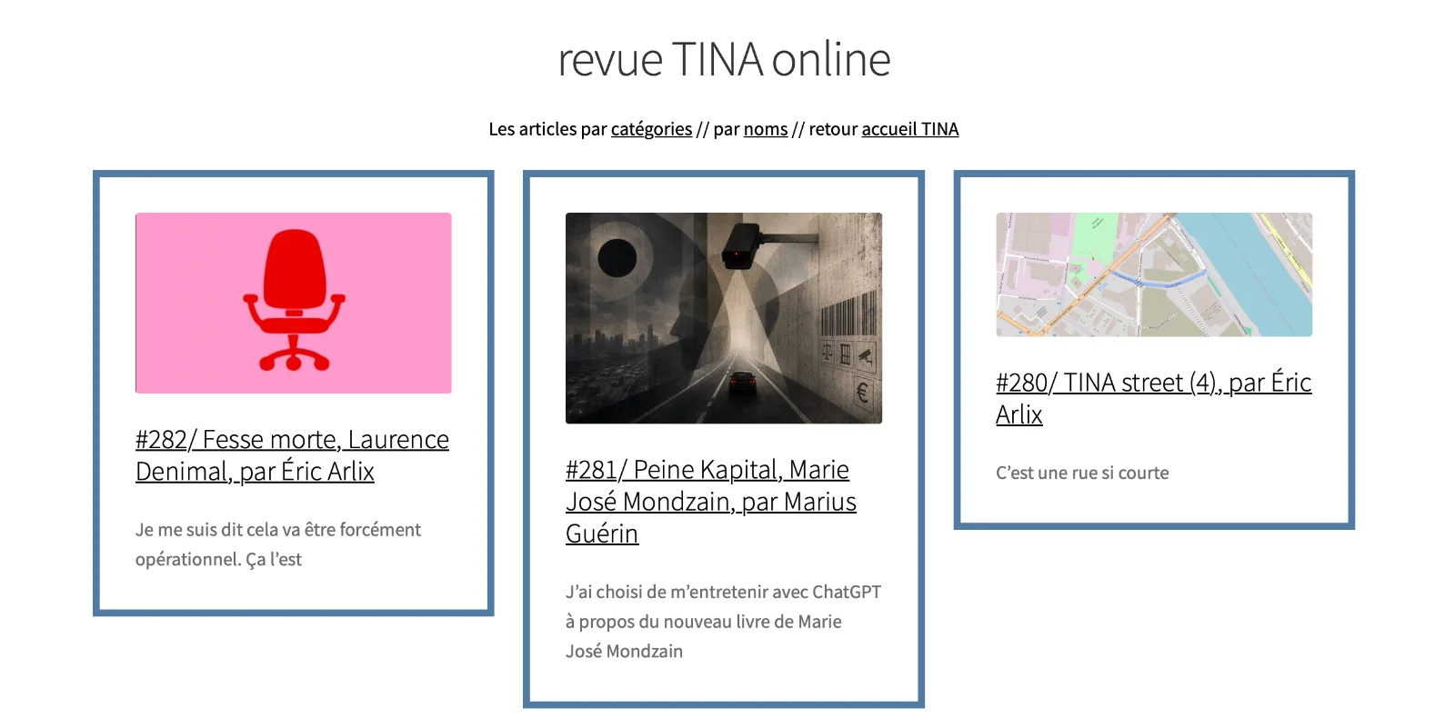 Capture d'écran de la page d'accueil de la revue Tina Online avec Fesse morte à la une