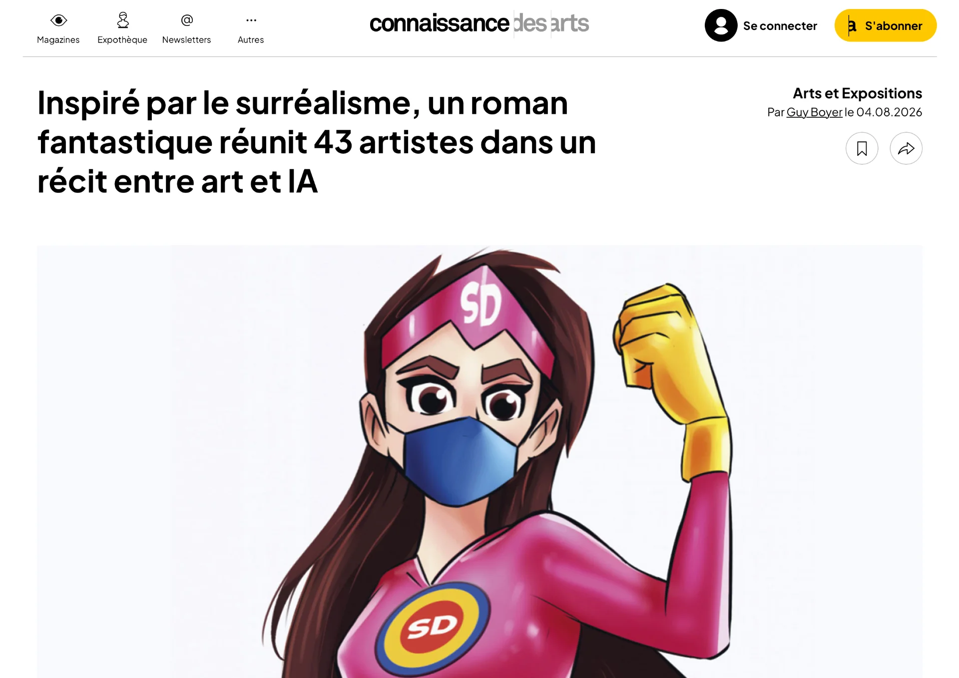 Capture d'écran de l'article de Connaissance des arts sur le livre Leïla Grace Voight avec une partie du visuel de Susana Distancia et le chapeau : Inspiré par le surréalisme, un roman fantastique réunit 43 artistes dans un récit entre art et IA.