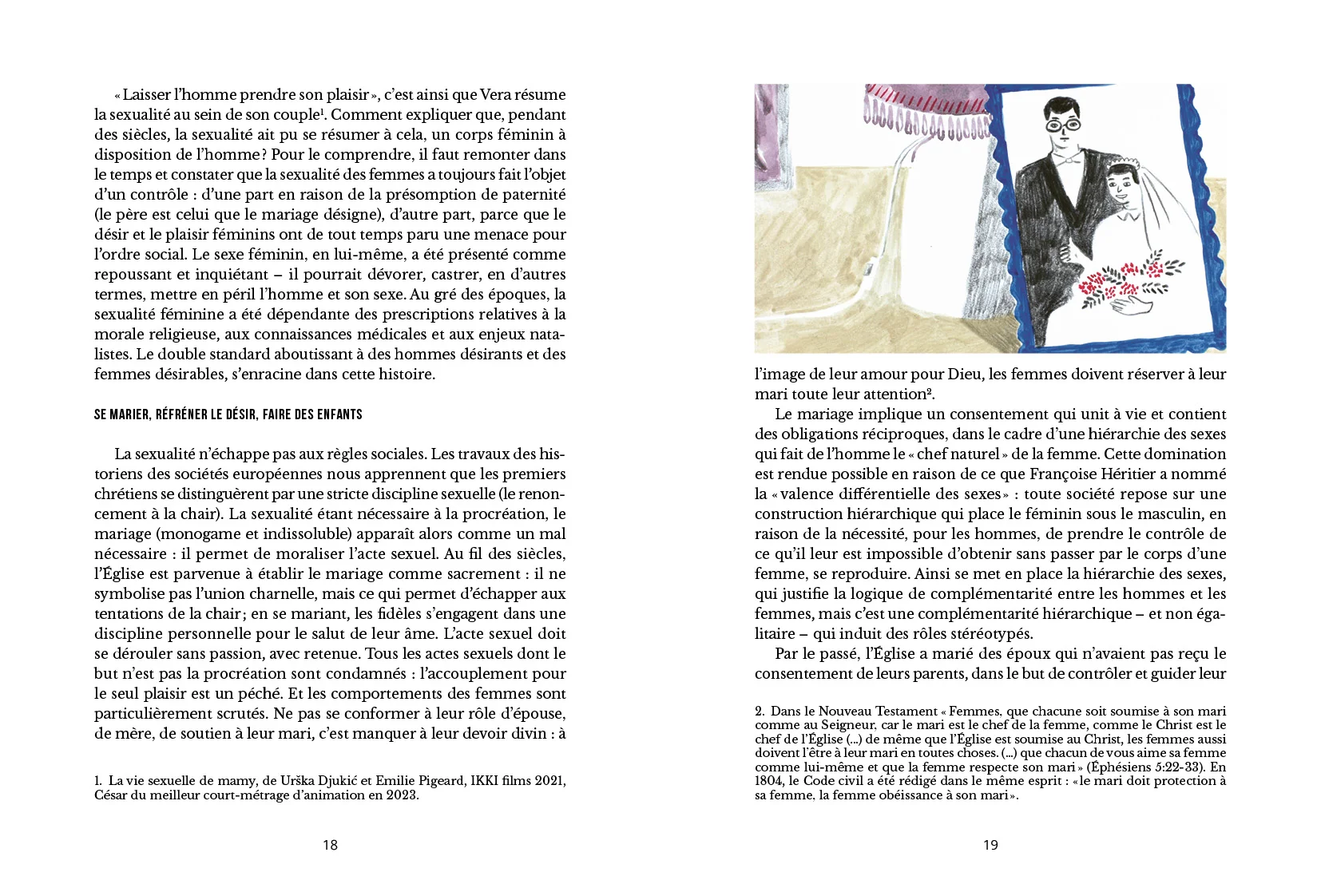 Planche de l'ouvrage d'Emmanuelle Santelli illustré par Cécile Rousset et Jeanne Paturle, "On s'émancipe ! Sexualité féminine, intimité conjugale, un chemin vers l'égalité"