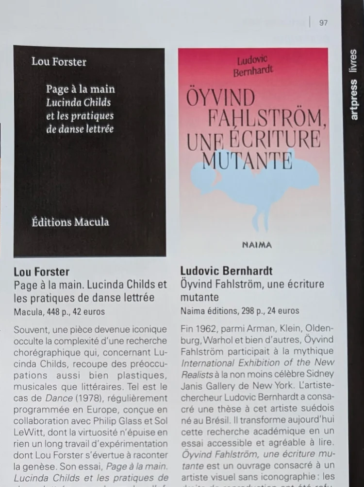 Photographie de la page du numéro 547 d'Artpress avec la couverture du livre de Ludovic Bernhardt consacré à Fahlstrom et le début de l'article de Christophe Le Gac qui lui est consacré.